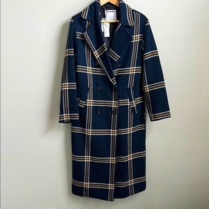 NWT Garage Navy Houndstooth Plaid Maxi Coat